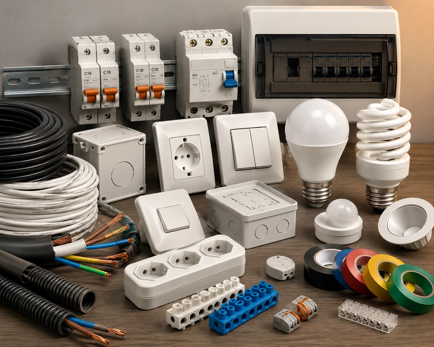 Material elétrico e componentes em exposição